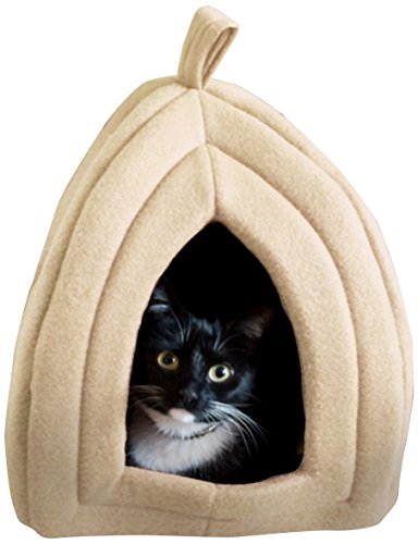 Cat Pet Bed, Igloo- Soft Indoor Enclosed Covered Tent/House for Cats, Kittens, and Small Pets with Removable Cushion Pad by PETMAKER (Tan)