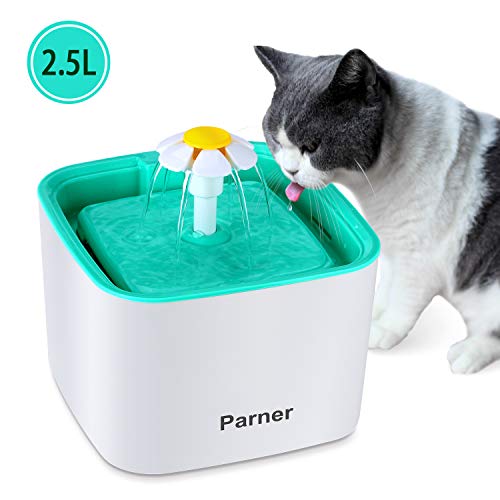 PARNER Pet Water Fountain, 2.5L Flower Pet Dispenser, Super Quiet Automatic Drinking Water Bowl for Cat & Dog
