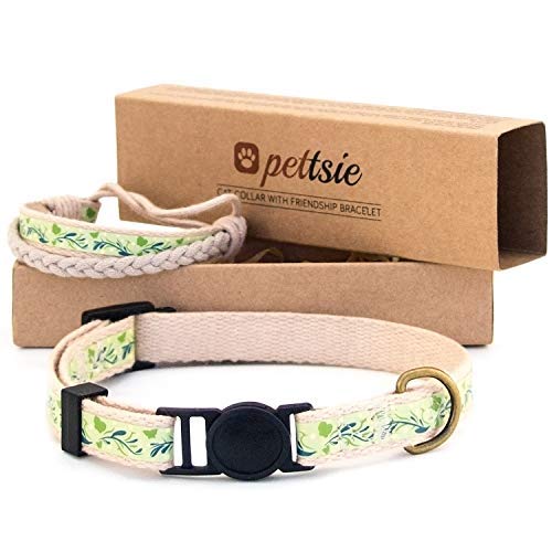 Pettsie Cat Collar Breakaway Safety and Friendship Bracelet for You, 100% Cotton for Extra Safety, D-Ring for Accessories, Comfortable Cotton, Adjustable 7.5-11.5 Inch (Green)