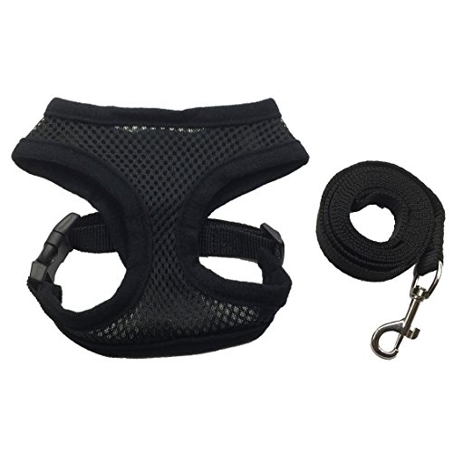 FUNPET Soft Mesh Cat Harness with Nylon Leash Adjustable for Small Pet Dog and Cat Black S