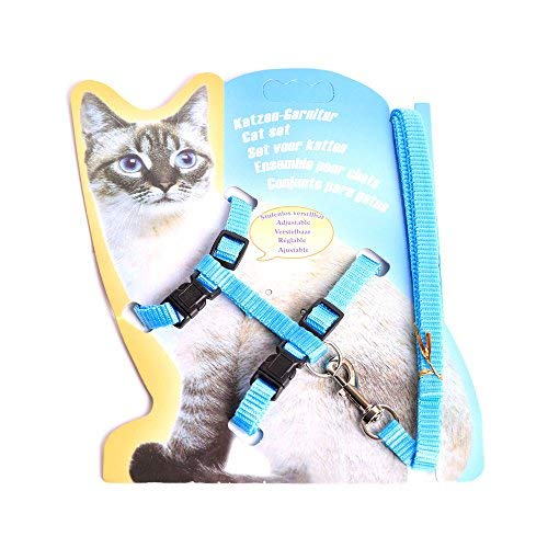 Alemard Cat Harness, Adjustable Cat Harness Nylon Strap Collar with Leash Safety Rope Leads, Azure