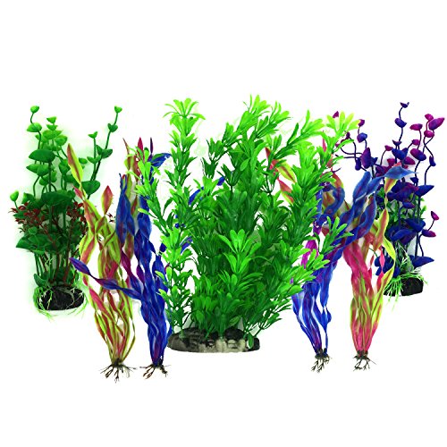 Artificial Aquatic Plants, PietyPet 7 Pcs Large Aquarium Plants Plastic Fish Tank Decorations, Vivid Simulation Plant Creature Aquarium Landscape, Red Purple