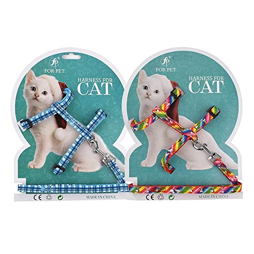 Fancy Finca Pet Cats Collars Harnesses Adjustable Leashes Fit Puppy Walking Training Running Hiking – 2 Sets (Plaid & Rainbow)