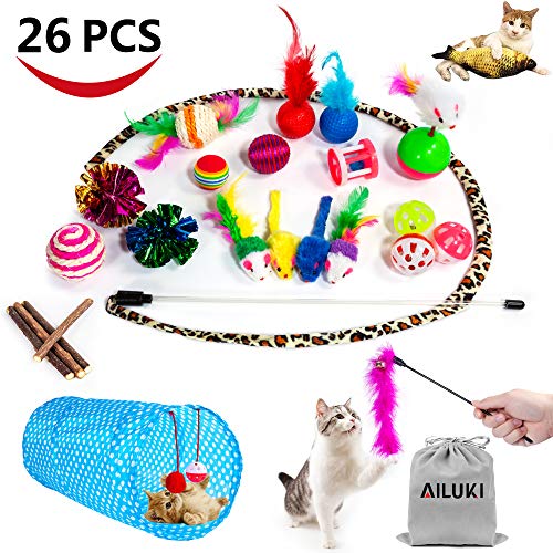AILUKI 26PCS Cat Toys Kitten Toys Assortments, Variety Catnip Toy Set Including 2 Way Tunnel,Cat Feather Teaser,Catnip Fish,Mice,Colorful Balls and Bells for Cat,Puppy,Kitty