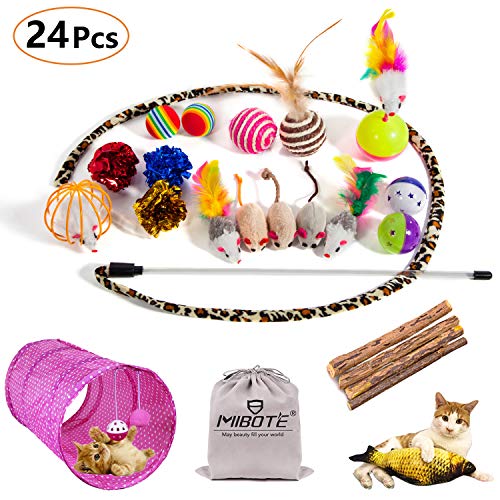 MIBOTE 24Pcs Cat Toys Kitten Catnip Toys Assorted, 2 Way Tunnel, Fish, Interactive Feather Teaser, Fluffy Mouse, Tumble Cage Mice, Crinkle Rainbow Balls Bells Toys for Puppy Kitty