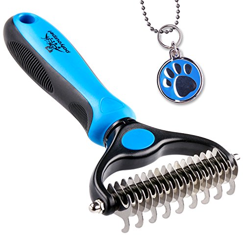 Pet Grooming Tool – 2 Sided Undercoat Rake for Cats & Dogs – Safe Dematting Comb for Easy Mats & Tangles Removing – No More Nasty Shedding and Flying Hair
