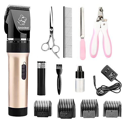Sminiker Professional Low Noise Rechargeable Cordless Cat and Dog Clippers – Professional Pet Clippers Grooming Kit,animal clippers Pet Grooming Kit(Gold)