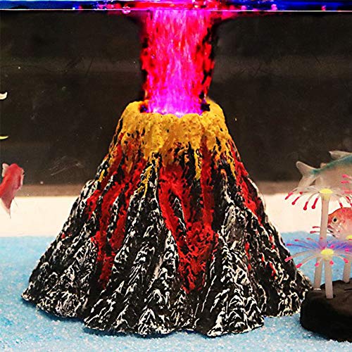 Aquarium Decorations, Air Stone Bubbler Volcano Shape Ornament Kit Set with Red LED Spotlight for Decorate Aquarium Fish Tank