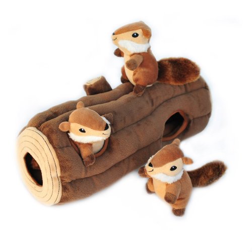 ZippyPaws – Woodland Friends Burrow, Interactive Squeaky Hide and Seek Plush Dog Toy – Chipmunks ‘n Log