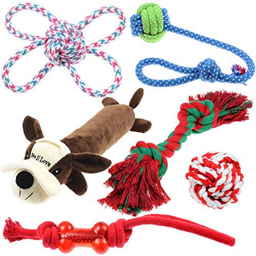 Well Love Dog Toys – Chew Toys – 100 Natural Cotton Rope – Squeak Toys – Dog Balls – Dog Bones – Plush Dog Toy – Dog Ropes – Tug of War Ball – Toys for Dog 6pack Set