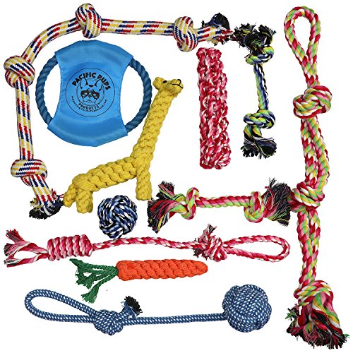 Pacific Pups Products supporting pacificpuprescue.com Dog Rope Toys for Aggressive Chewers – Set of 11 Nearly Indestructible Dog Toys – Bonus Giraffe Rope Toy – Benefits NONPROFIT Dog Rescue